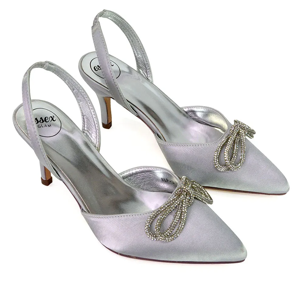 Marinah Wedding Shoes Diamante Bow Slingback Stiletto High Heel Court Shoes in Silver