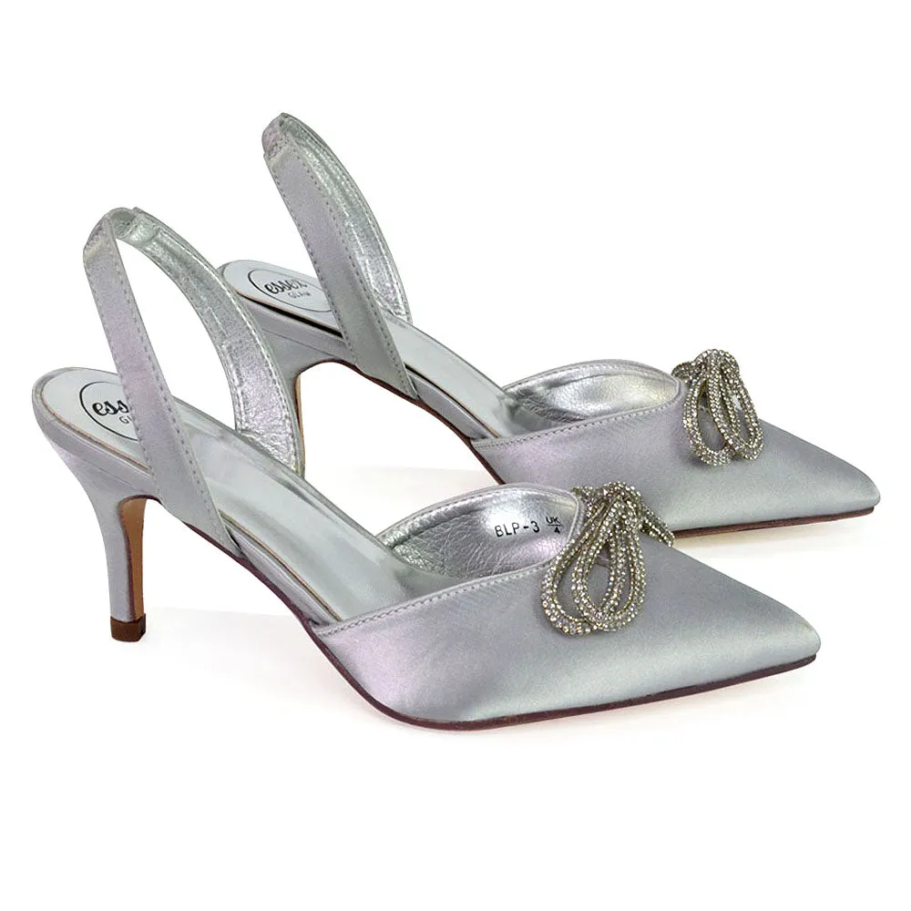 Marinah Wedding Shoes Diamante Bow Slingback Stiletto High Heel Court Shoes in Silver