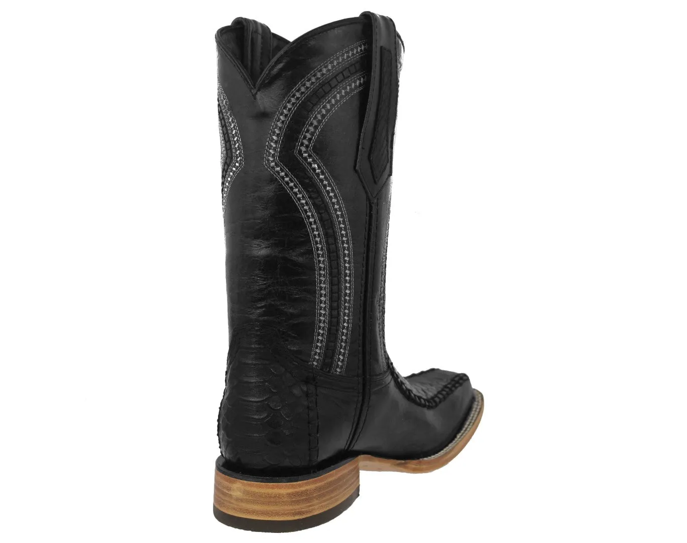 Mens Black Cowboy Boots Snake Print Leather - Long Square Toe