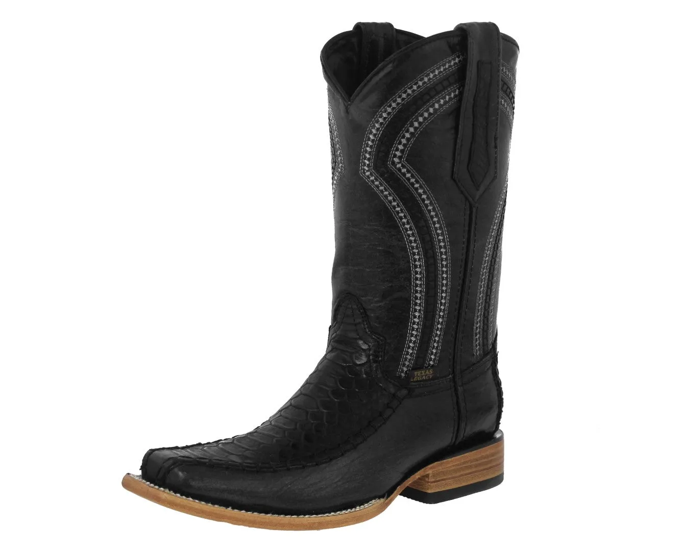 Mens Black Cowboy Boots Snake Print Leather - Long Square Toe