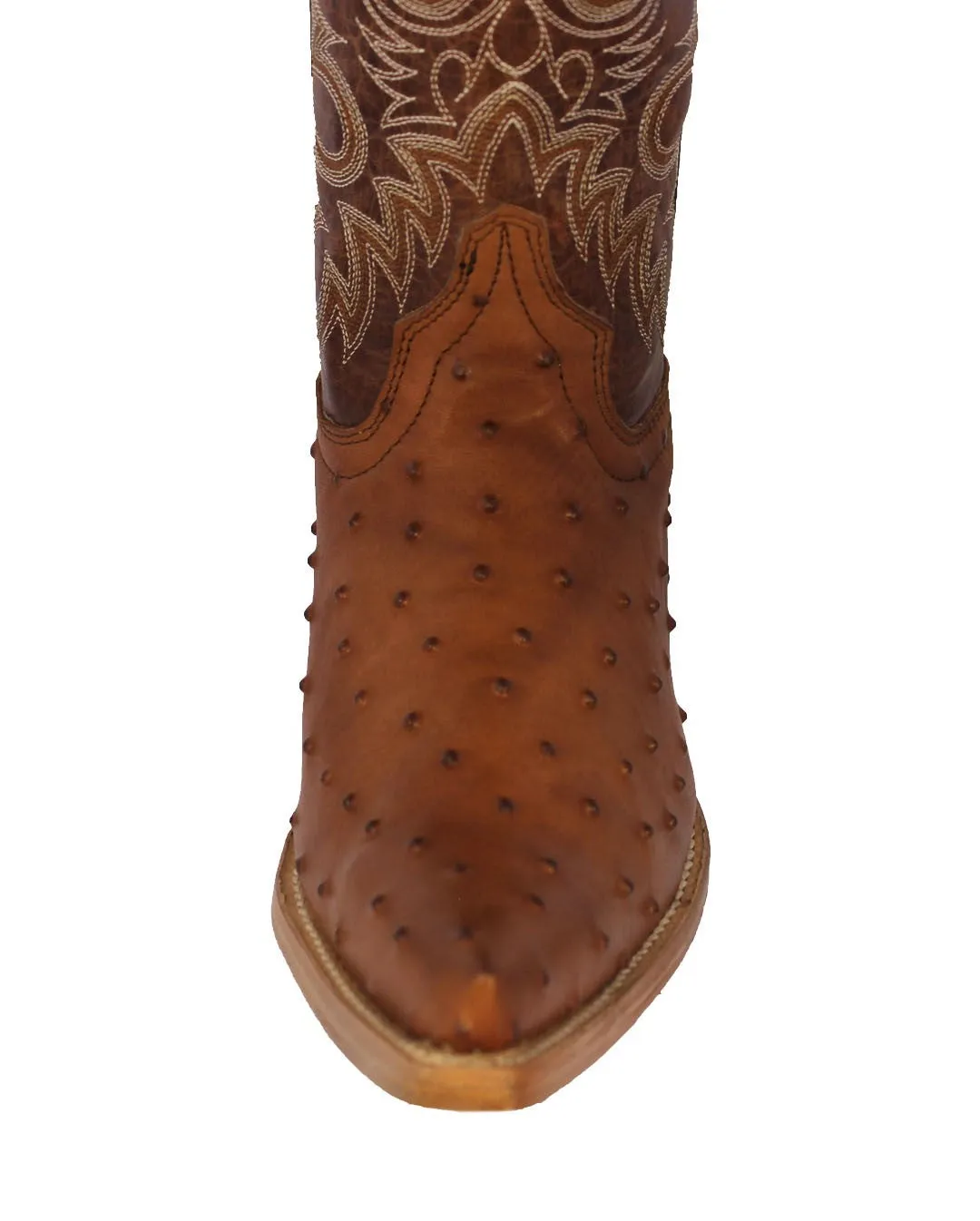 Mens Cognac Ostrich Quill Print Leather Cowboy Boots - Pointed Toe