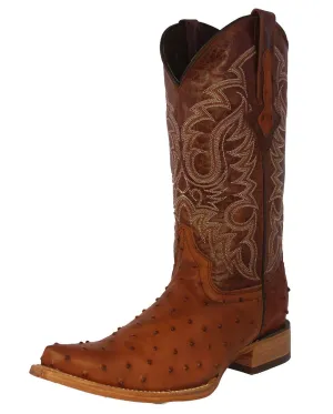 Mens Cognac Ostrich Quill Print Leather Cowboy Boots - Pointed Toe