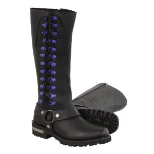 Milwaukee Leather Boots MBL9366 Ladies  14  Inch Leather Harness Boots with Purple Accent Lacing