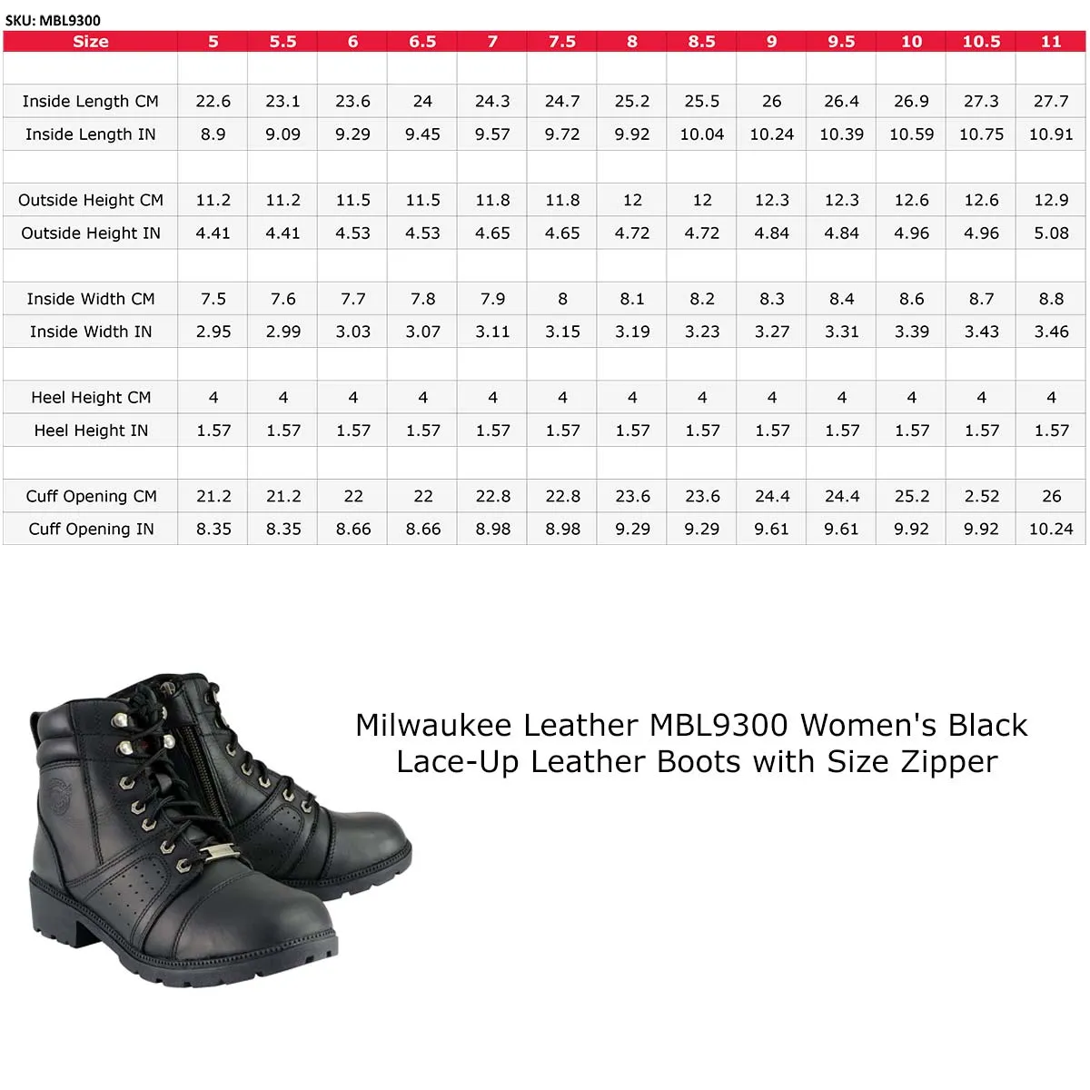 Milwaukee Leather MBL9300 Women's Black Leather Lace-Up Motorcycle Rider Boots with Size Zipper