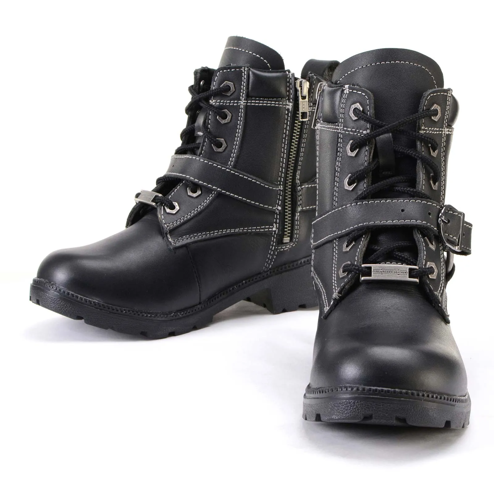 Milwaukee Leather MBL9312 Women's Black Leather Lace-Up 7-Inch Harness Motorcycle Rider Boots w/ Buckle