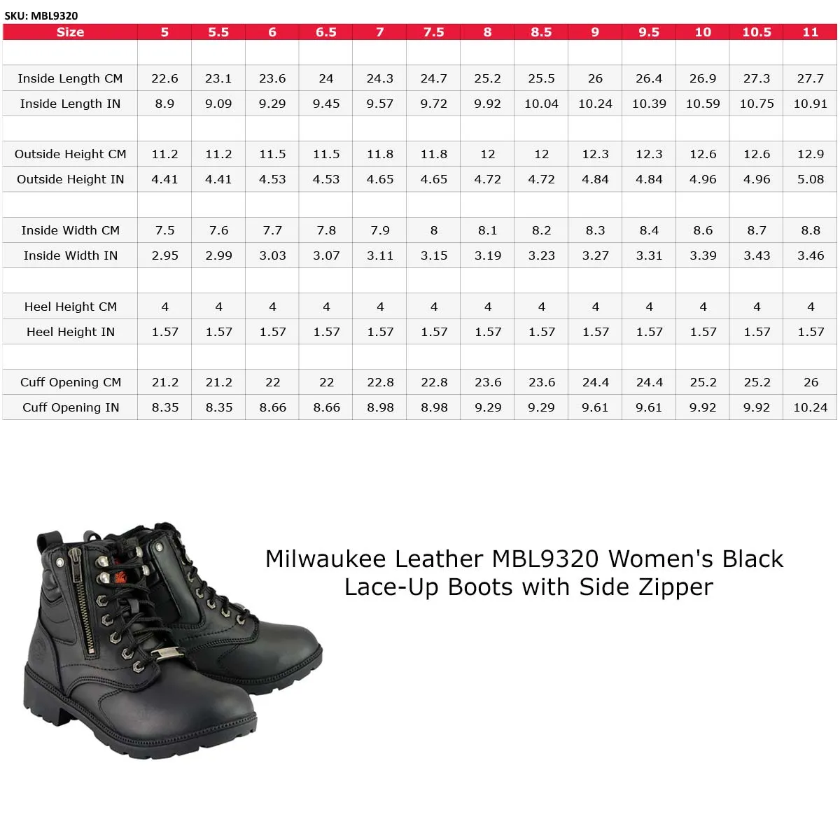 Milwaukee Leather MBL9320 Women's Black Leather Lace-Up Moto Boots with Side Zipper