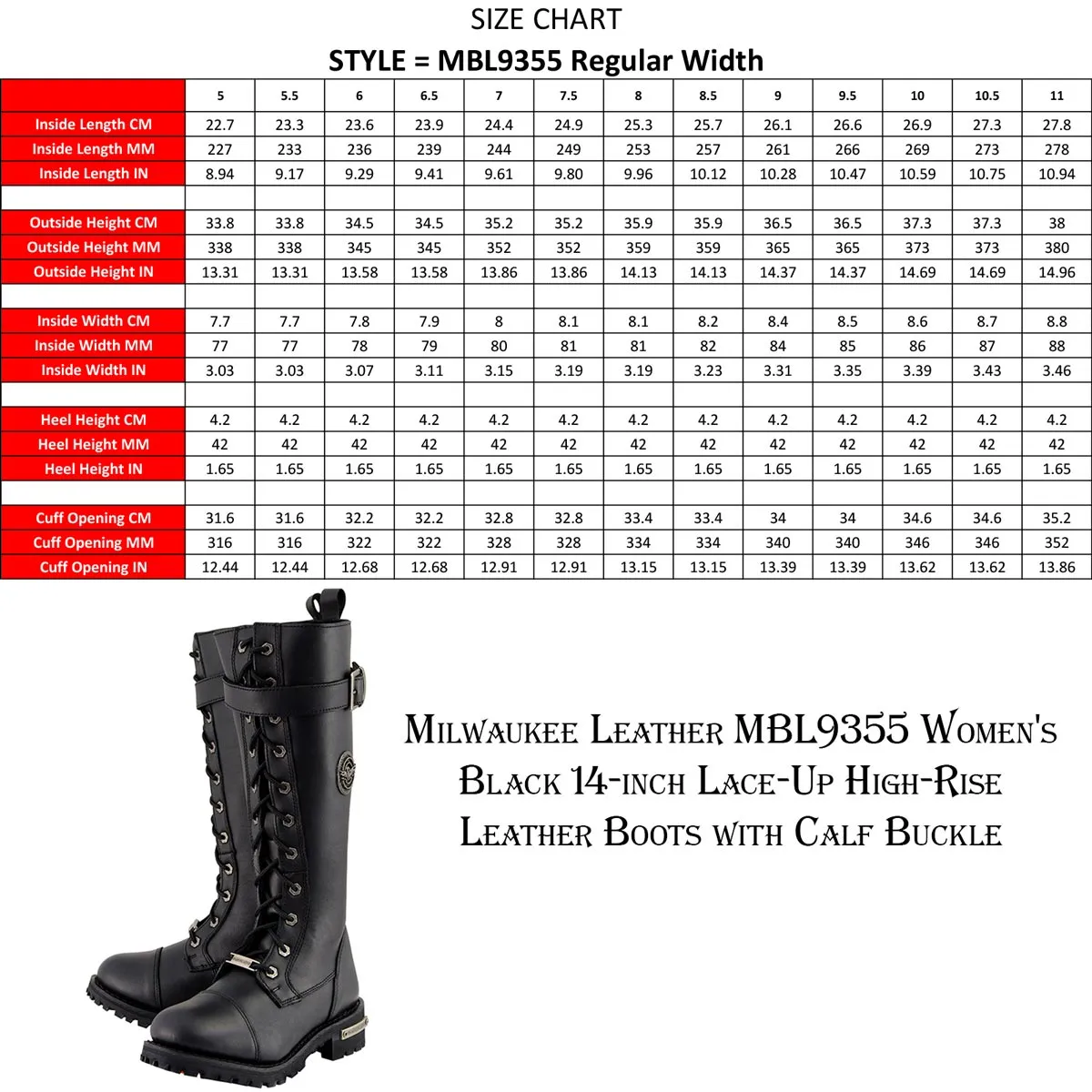 Milwaukee Leather MBL9355 Women's Black 14-inch Lace-Up High-Rise Leather Boots with Calf Buckle