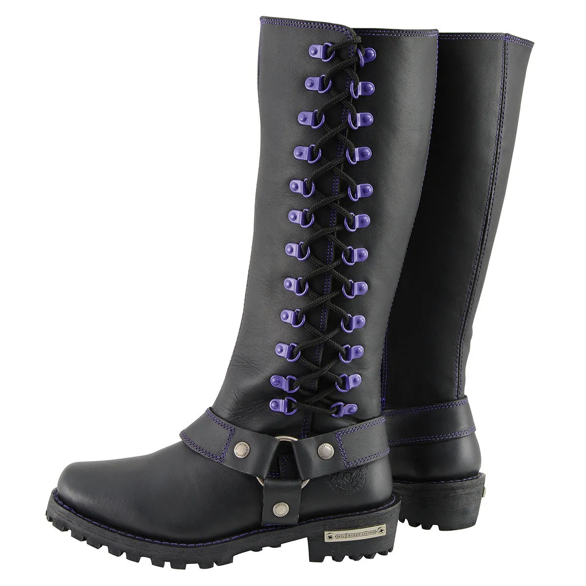 Milwaukee Leather MBL9366 Women's Black 14-inch Leather Harness Motorcycle Boots with Purple Accent Lacing