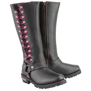 Milwaukee Leather MBL9367 Women's Black 14-inch Leather Harness Motorcycle Boots with Fuchsia Accent Lacing