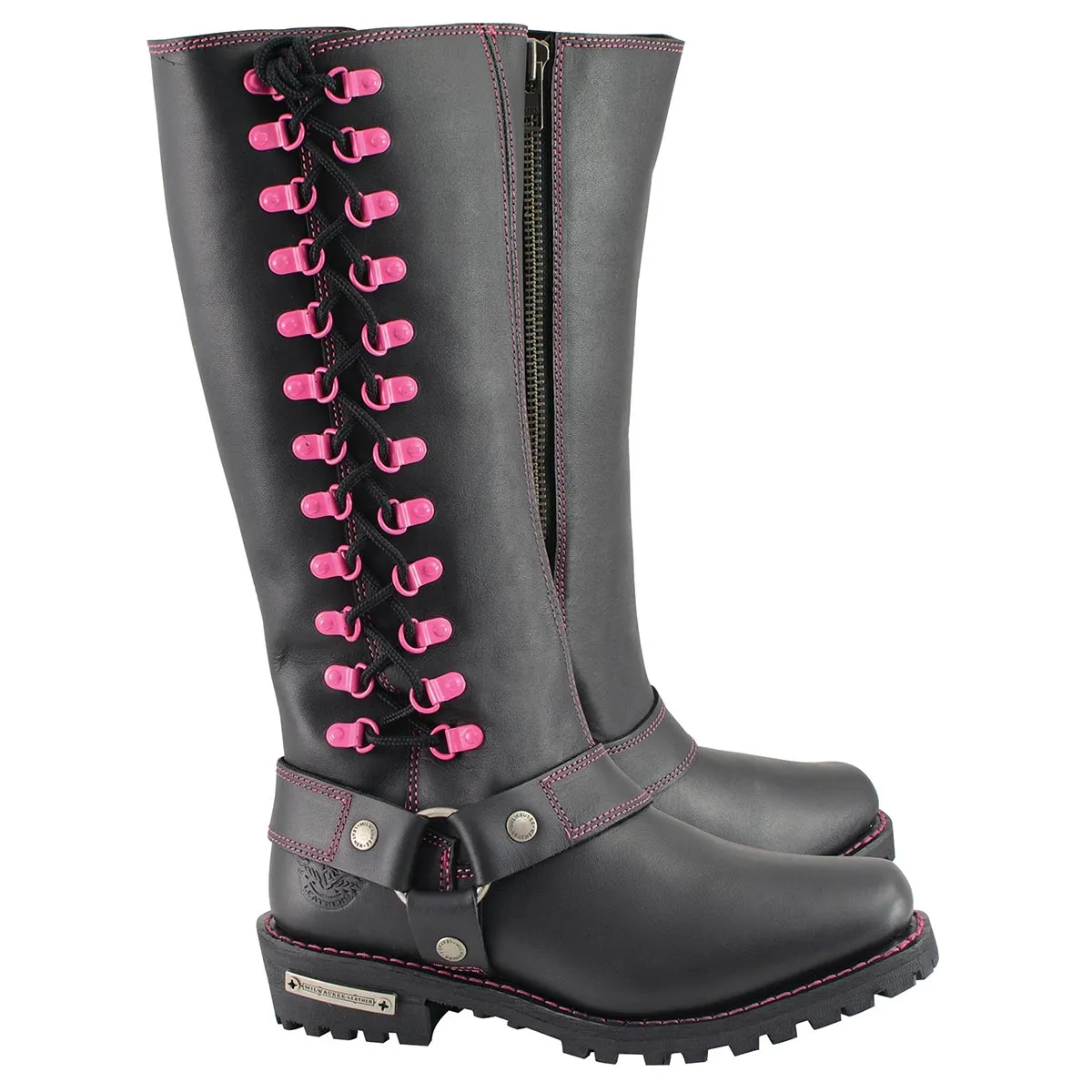 Milwaukee Leather MBL9367 Women's Black 14-inch Leather Harness Motorcycle Boots with Fuchsia Accent Lacing