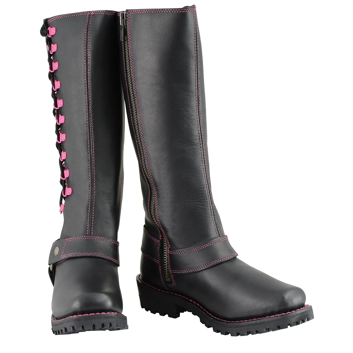 Milwaukee Leather MBL9367 Women's Black 14-inch Leather Harness Motorcycle Boots with Fuchsia Accent Lacing