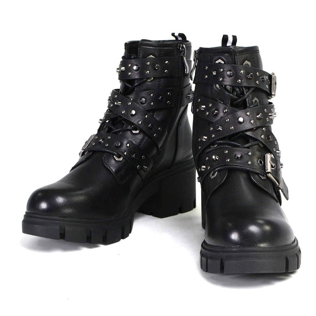 Milwaukee Leather MBL9444 Women's Bruiser Premium Black Lace-Up Fashion Boots w/ Studded Straps