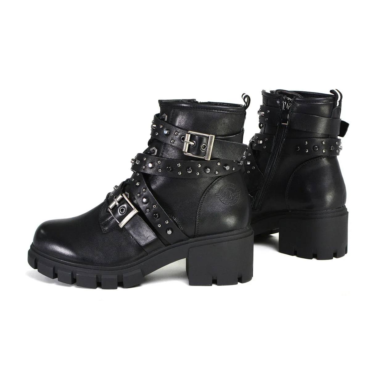 Milwaukee Leather MBL9444 Women's Bruiser Premium Black Lace-Up Fashion Boots w/ Studded Straps