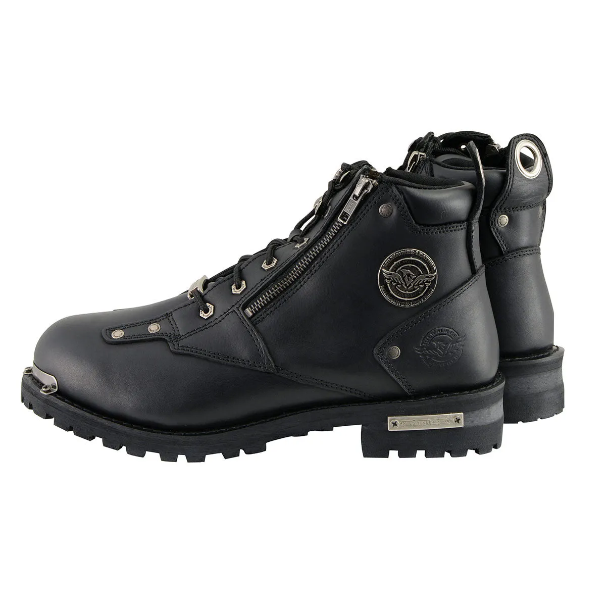 Milwaukee Leather MBM103 Men's Black Leather Lace-Up Motorcycle Boots w/ Dual Side Zipper Entry