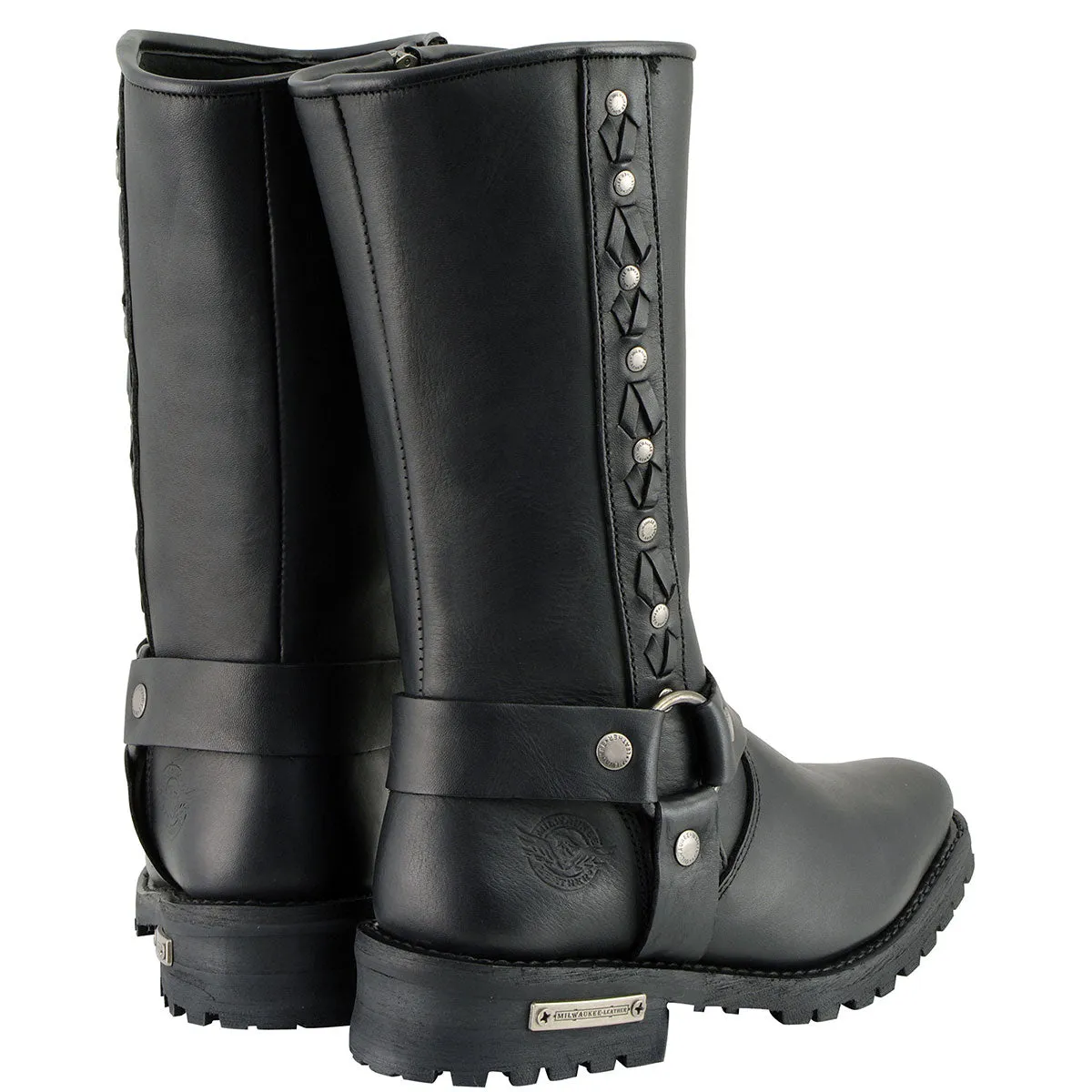 Milwaukee Leather MBM9025 Men's Black Harness Motorcycle Boots with Braid and Riveted Details