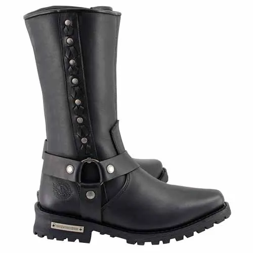 Milwaukee Leather Men's Black Leather Harness Motorcycle Boots with Braid and Riveted Details MBM9025