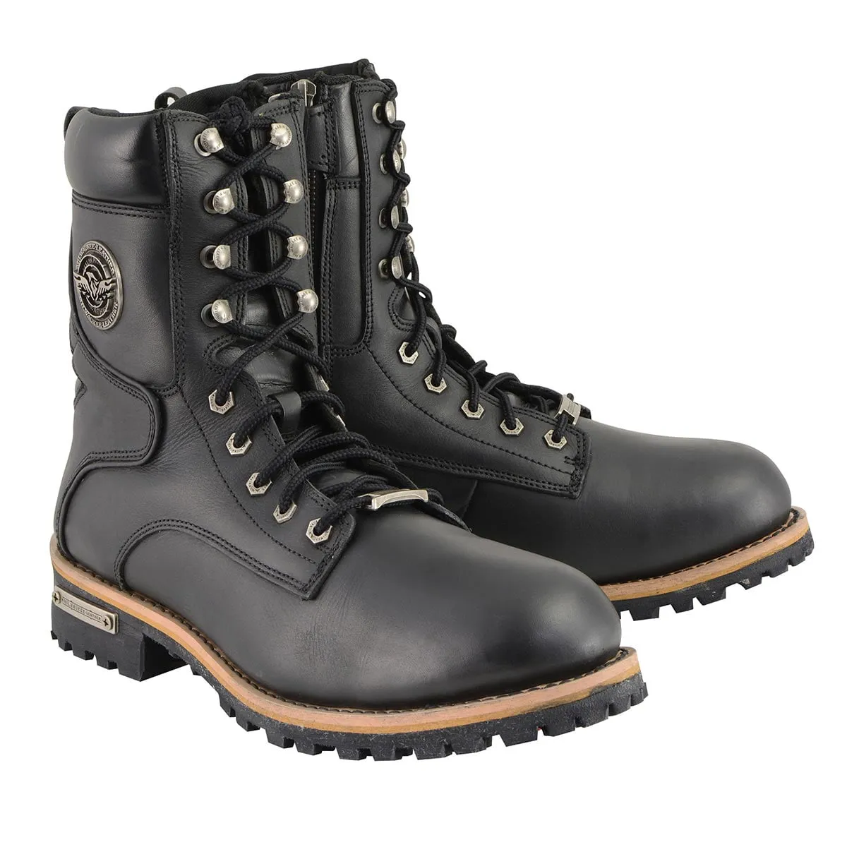 Milwaukee Leather Men's Classic Black Leather Wide Width Lace-Up Logger Boots w/ Side Zipper MBM9095W