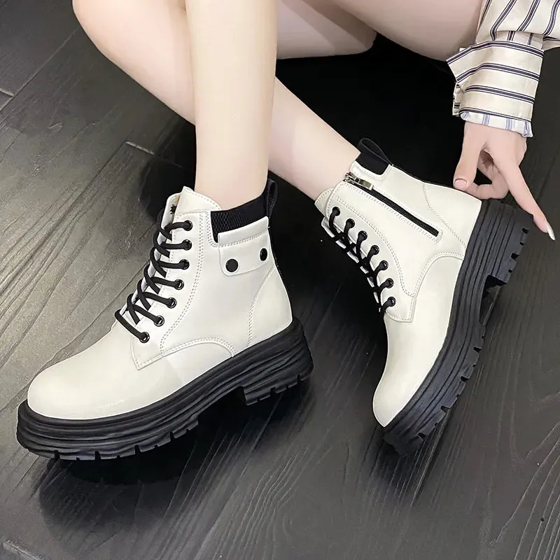 Motorcycle Platform Ankle Boots Women Autumn Winter Pu Leather Warm Snow Boots for Woman Waterproof Non-Slip