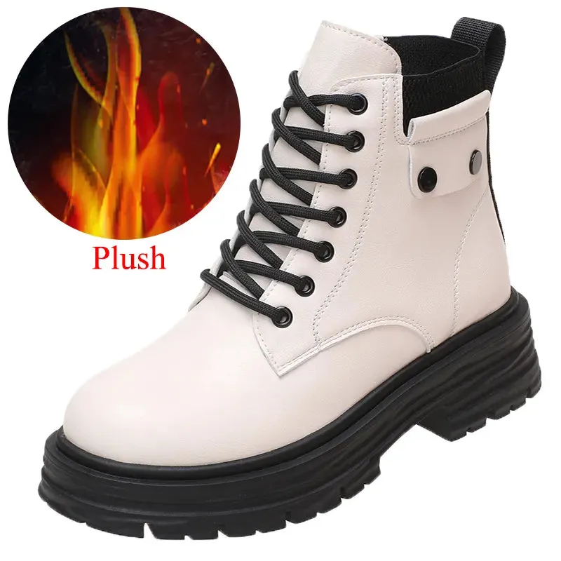 Motorcycle Platform Ankle Boots Women Autumn Winter Pu Leather Warm Snow Boots for Woman Waterproof Non-Slip