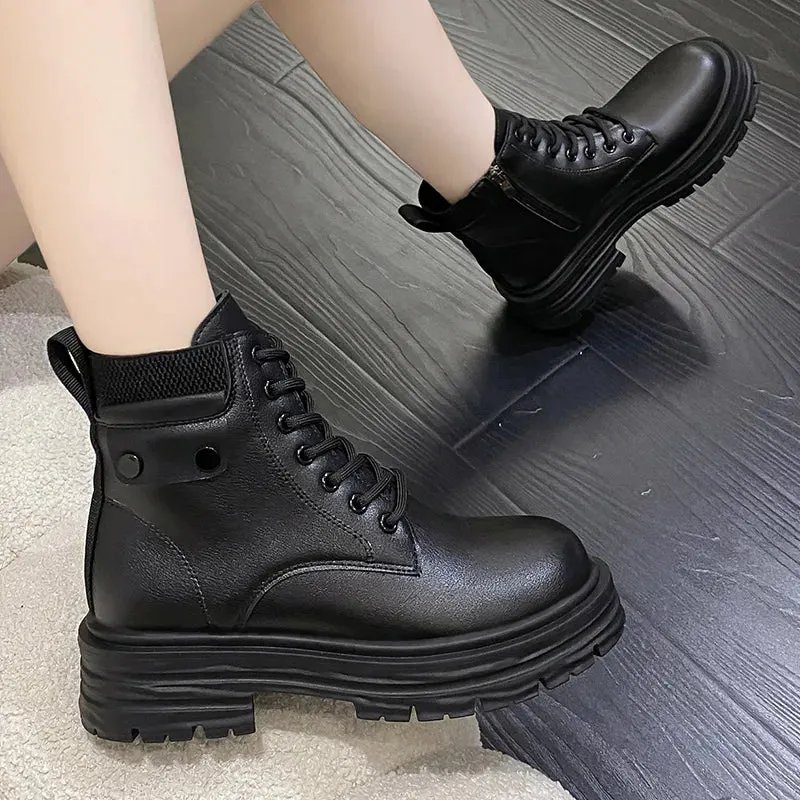 Motorcycle Platform Ankle Boots Women Autumn Winter Pu Leather Warm Snow Boots for Woman Waterproof Non-Slip