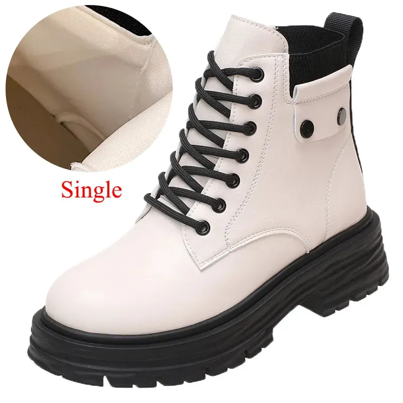 Motorcycle Platform Ankle Boots Women Autumn Winter Pu Leather Warm Snow Boots for Woman Waterproof Non-Slip