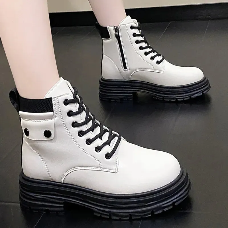 Motorcycle Platform Ankle Boots Women Autumn Winter Pu Leather Warm Snow Boots for Woman Waterproof Non-Slip