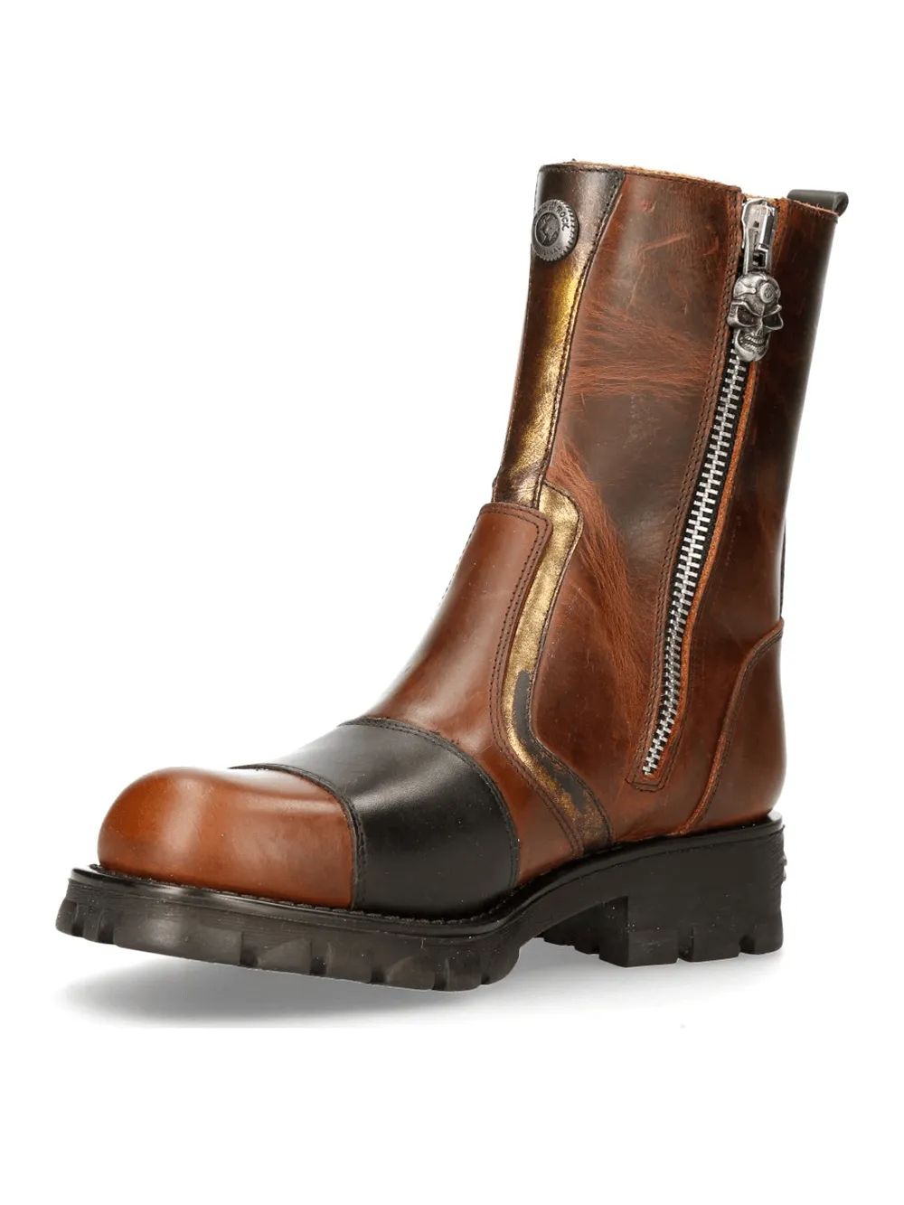 NEW ROCK Brown and Black Biker Boots with Zipper and Elastic