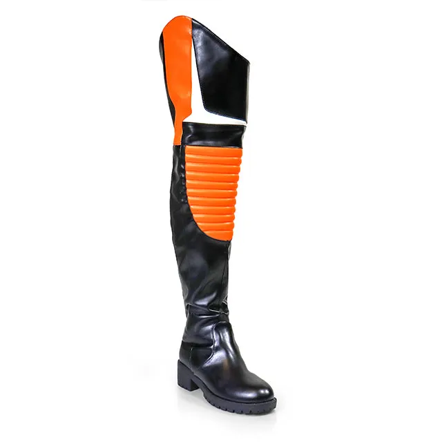 NORRIS-1 Orange/Black Faux Leather Over Knee Moto Boot  - Motorcycle Styling Detail