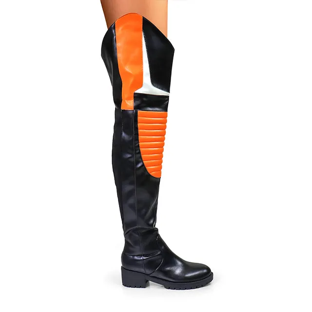 NORRIS-1 Orange/Black Faux Leather Over Knee Moto Boot  - Motorcycle Styling Detail