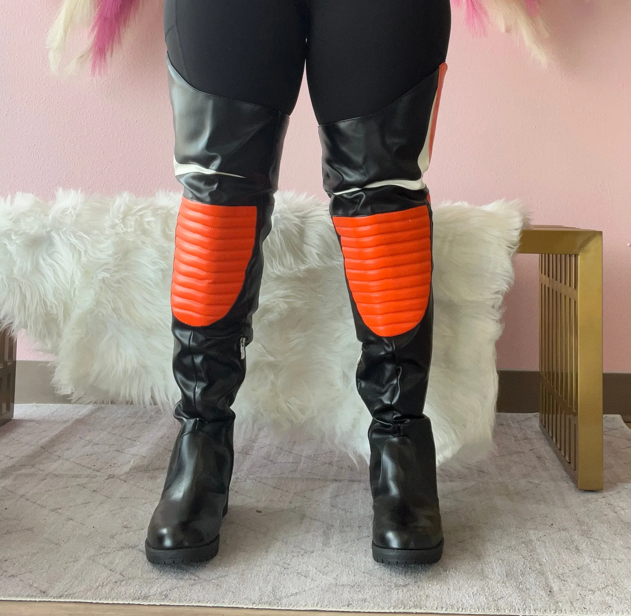 NORRIS-1 Orange/Black Faux Leather Over Knee Moto Boot  - Motorcycle Styling Detail