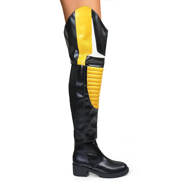 NORRIS-1 Yellow/Black Faux Leather Over Knee Moto Boot  - Motorcycle Styling Detail