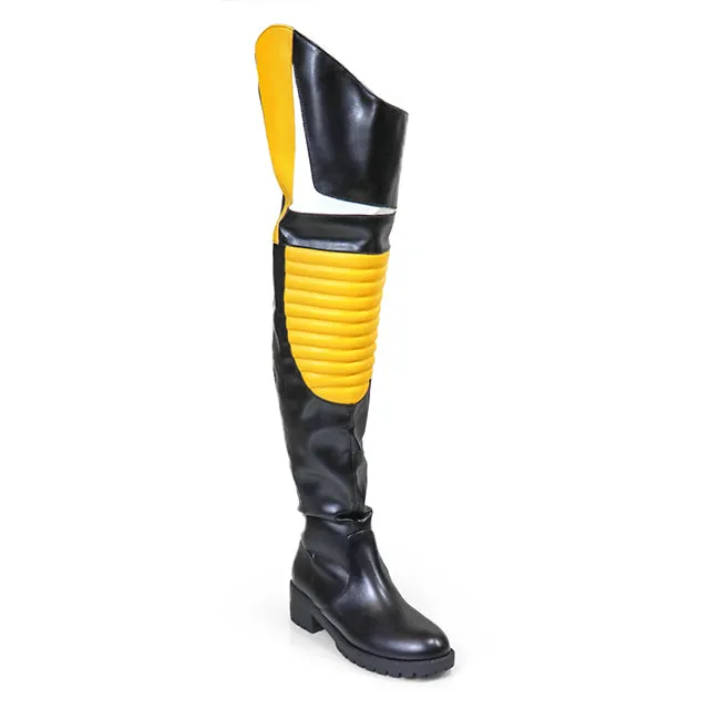 NORRIS-1 Yellow/Black Faux Leather Over Knee Moto Boot  - Motorcycle Styling Detail