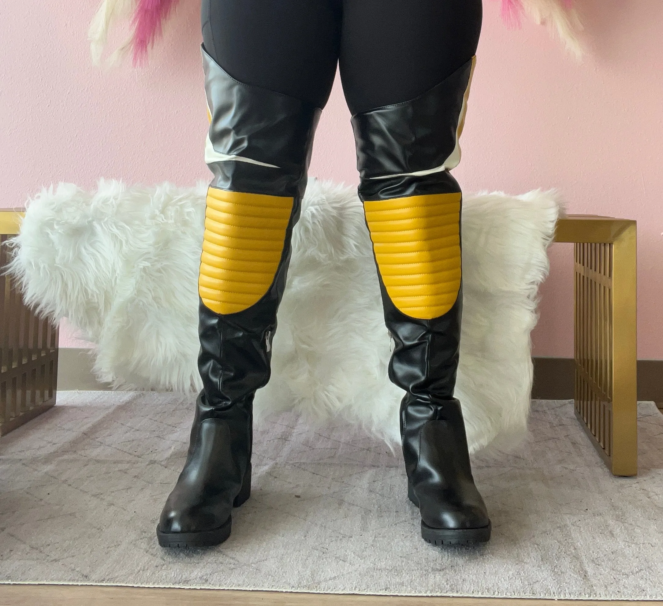 NORRIS-1 Yellow/Black Faux Leather Over Knee Moto Boot  - Motorcycle Styling Detail