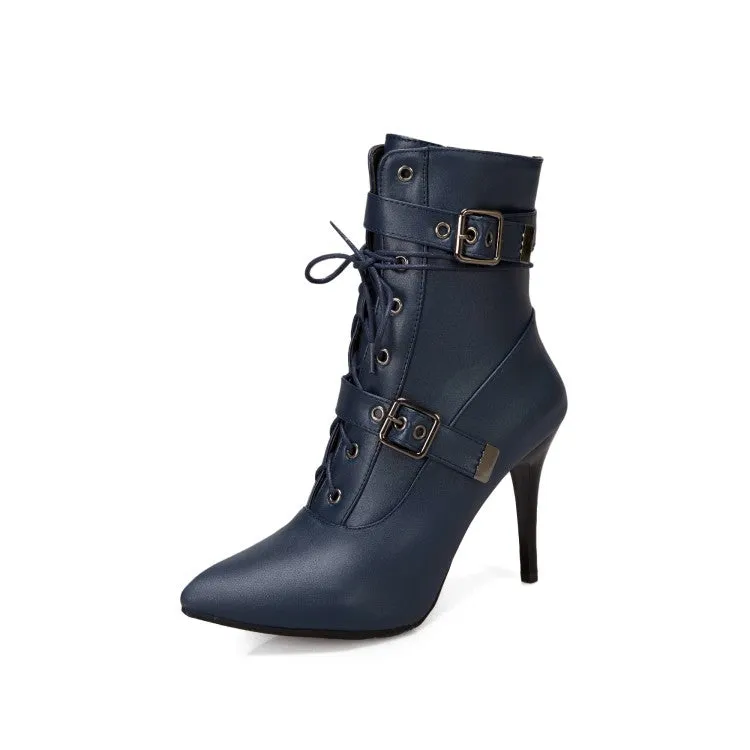 Pointed Toe Buckle Lace Up Women's High Heel Short Boots