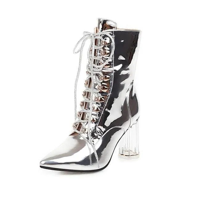 Pointed Toe Zipper Transparent Square Ankle Heel Winter Boots