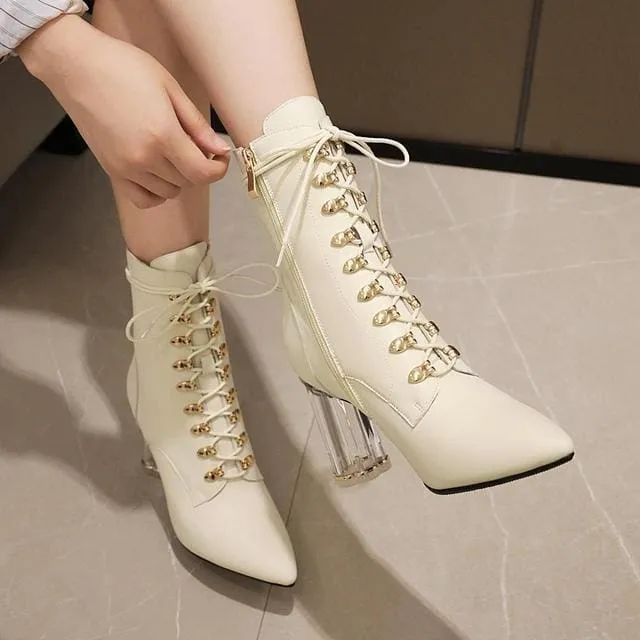 Pointed Toe Zipper Transparent Square Ankle Heel Winter Boots