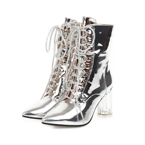 Pointed Toe Zipper Transparent Square Ankle Heel Winter Boots