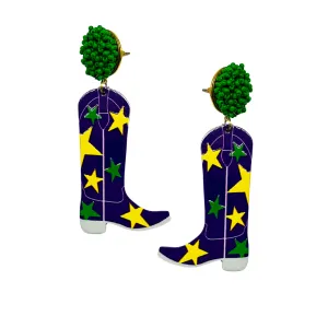 Purple, Green, & Gold Mardi Gras Cowboy Boot with Stars Earrings (Each)