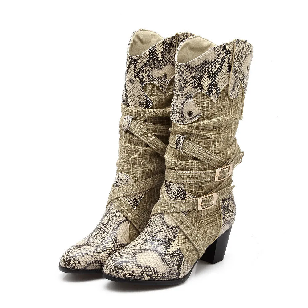 Retro serpentine printed slouch mid calf boots