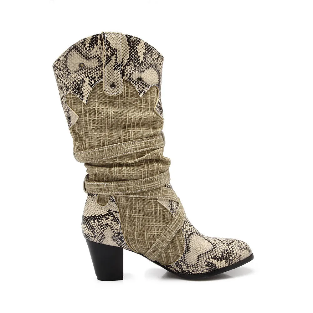 Retro serpentine printed slouch mid calf boots