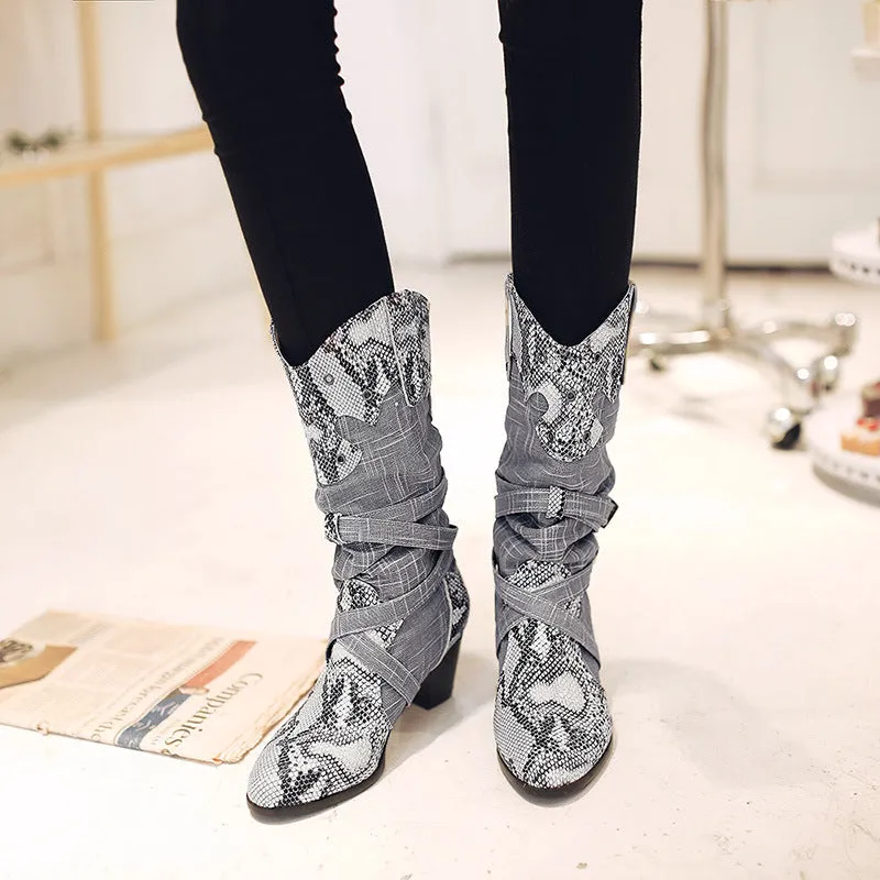 Retro serpentine printed slouch mid calf boots