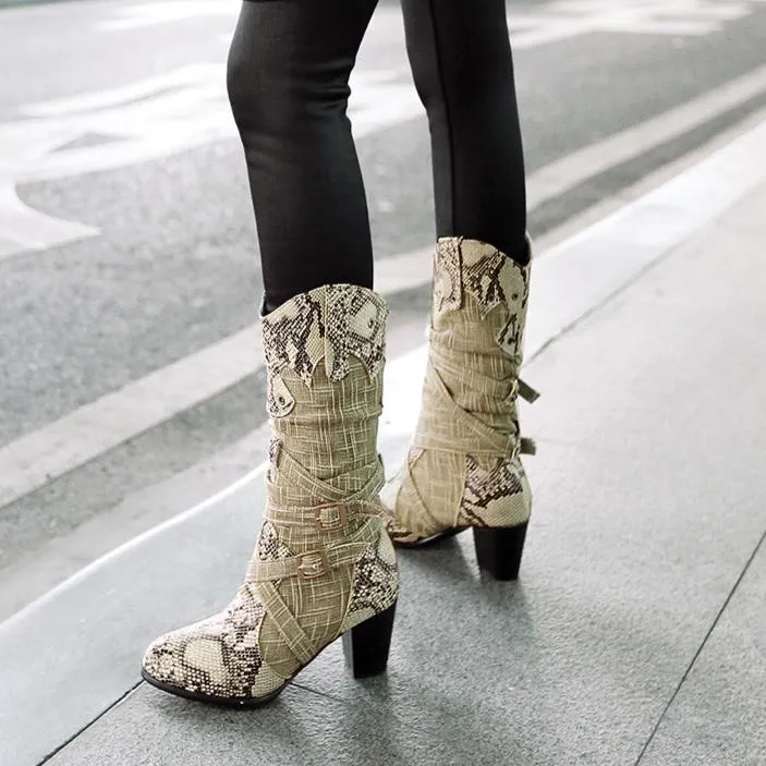 Retro serpentine printed slouch mid calf boots