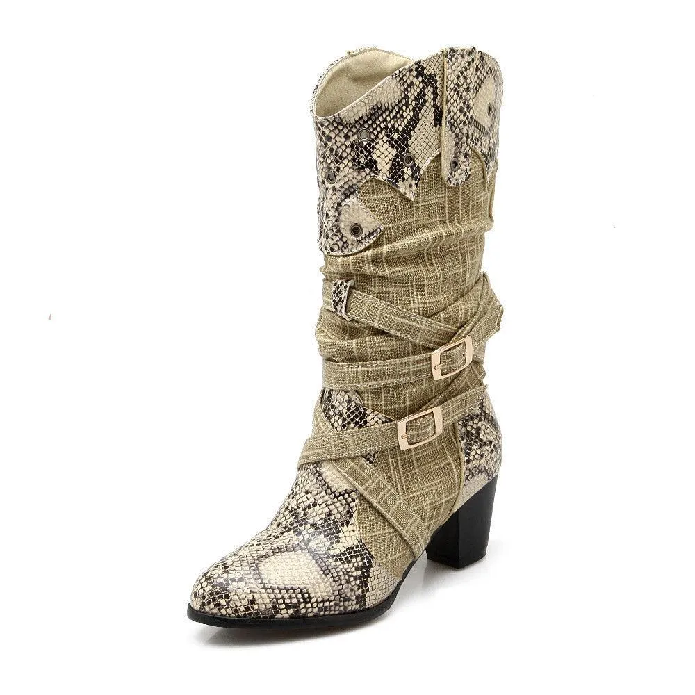 Retro serpentine printed slouch mid calf boots