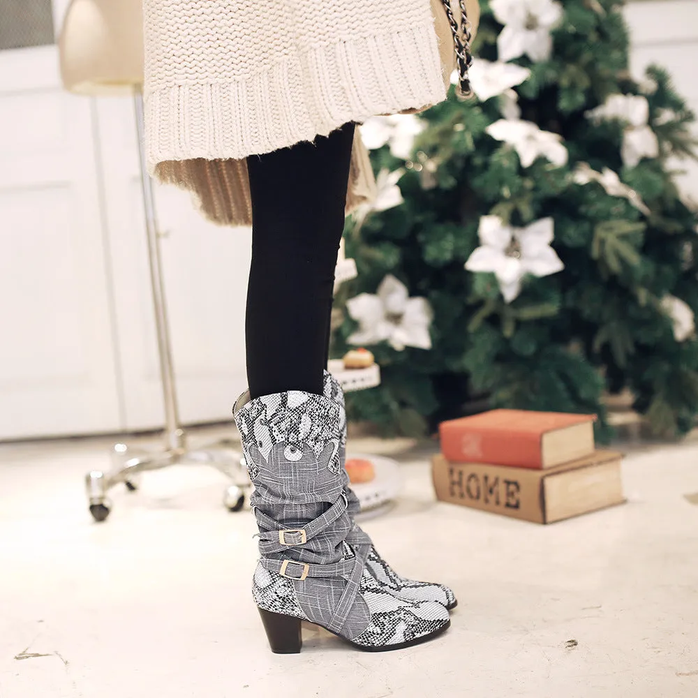 Retro serpentine printed slouch mid calf boots