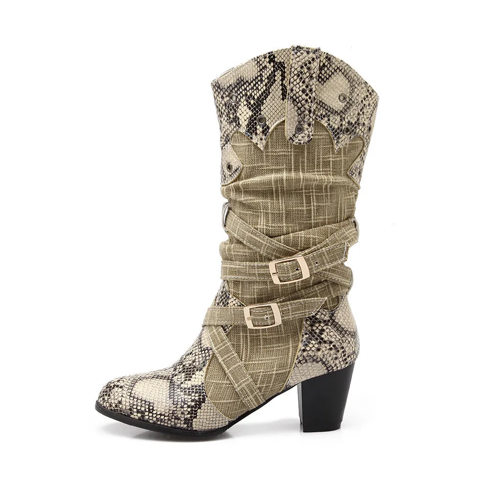 Retro serpentine printed slouch mid calf boots