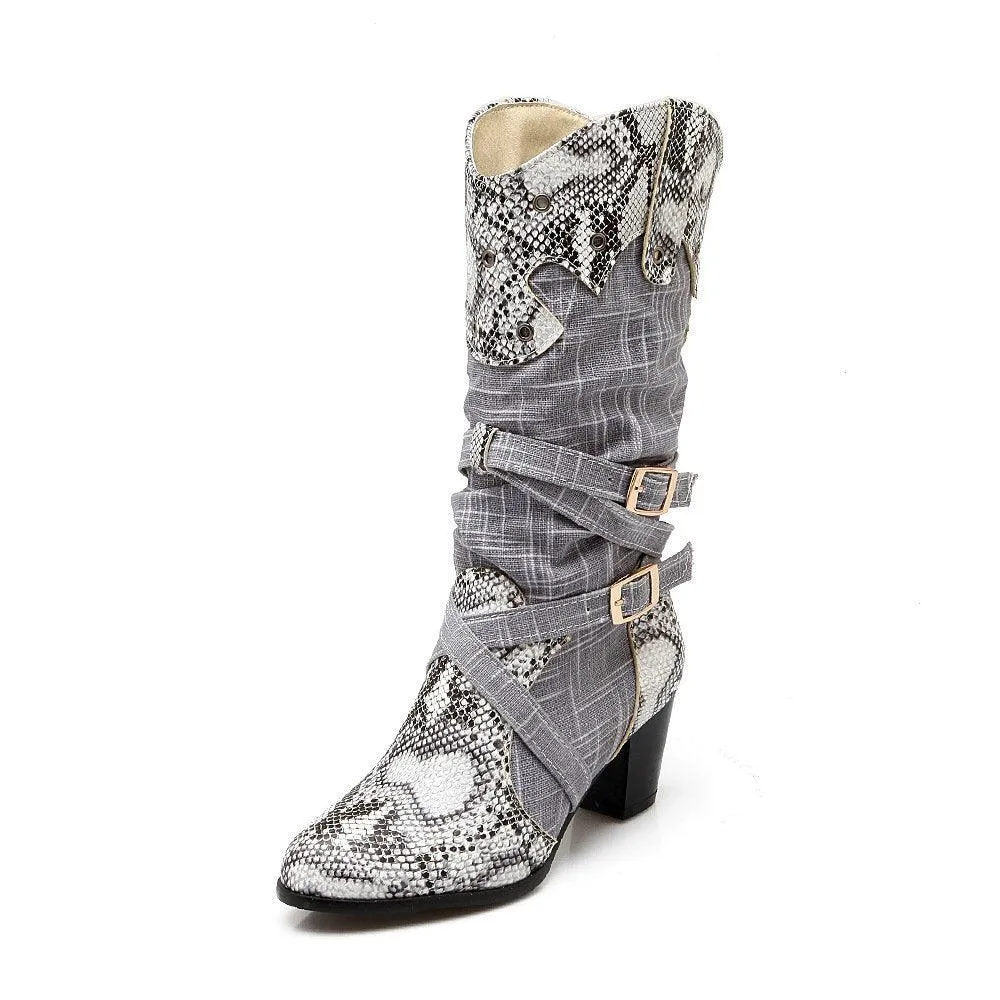 Retro serpentine printed slouch mid calf boots