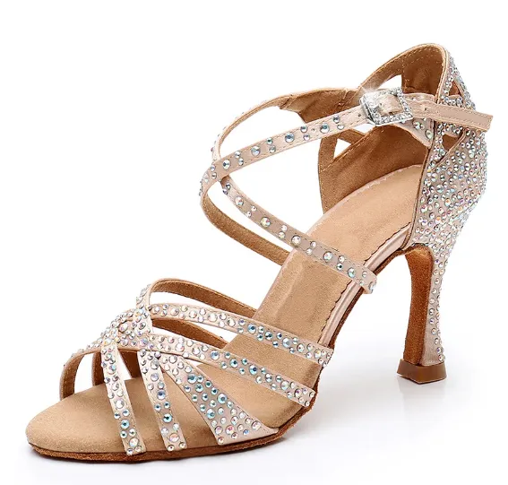 Rhinestone Dance Shoes Nude for Salsa Latin Bachata Dance Performance