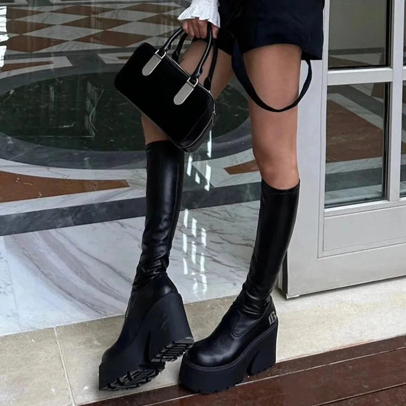 Sohiwoo Platform Thick Heel Women Knight High Boots Fashion Slip On Elastic Slimming Long Booties Autumn Winter Female Shoes