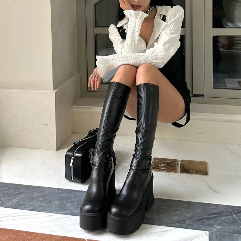 Sohiwoo Platform Thick Heel Women Knight High Boots Fashion Slip On Elastic Slimming Long Booties Autumn Winter Female Shoes