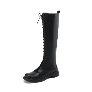 Square Toebox Knee High Riding Leather Lace Up Boots - Black with Black Sole